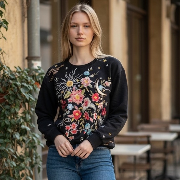 Johnny Was Women’s Embroidered Black Sweat Shirt - Picture 1 of 4